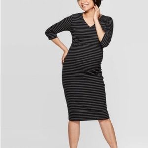 Striped 3/4 Sleeve Ribbed T-Shirt Maternity Dress